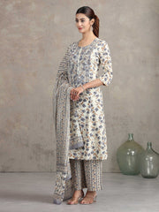 Off White Floral Embroidered Straight Ethnic Set
