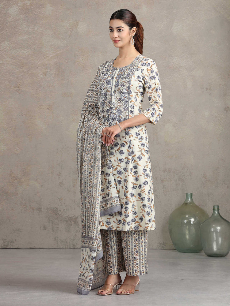 Off White Floral Embroidered Straight Ethnic Set