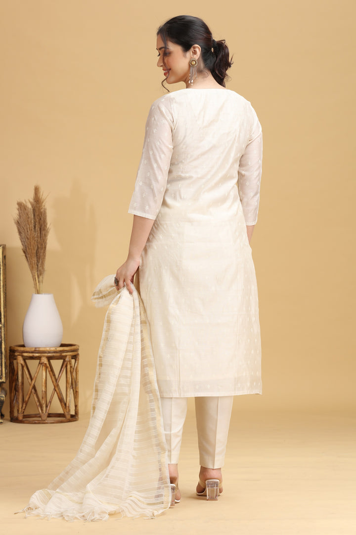 Off White Embroidered Straight Ethnic Set