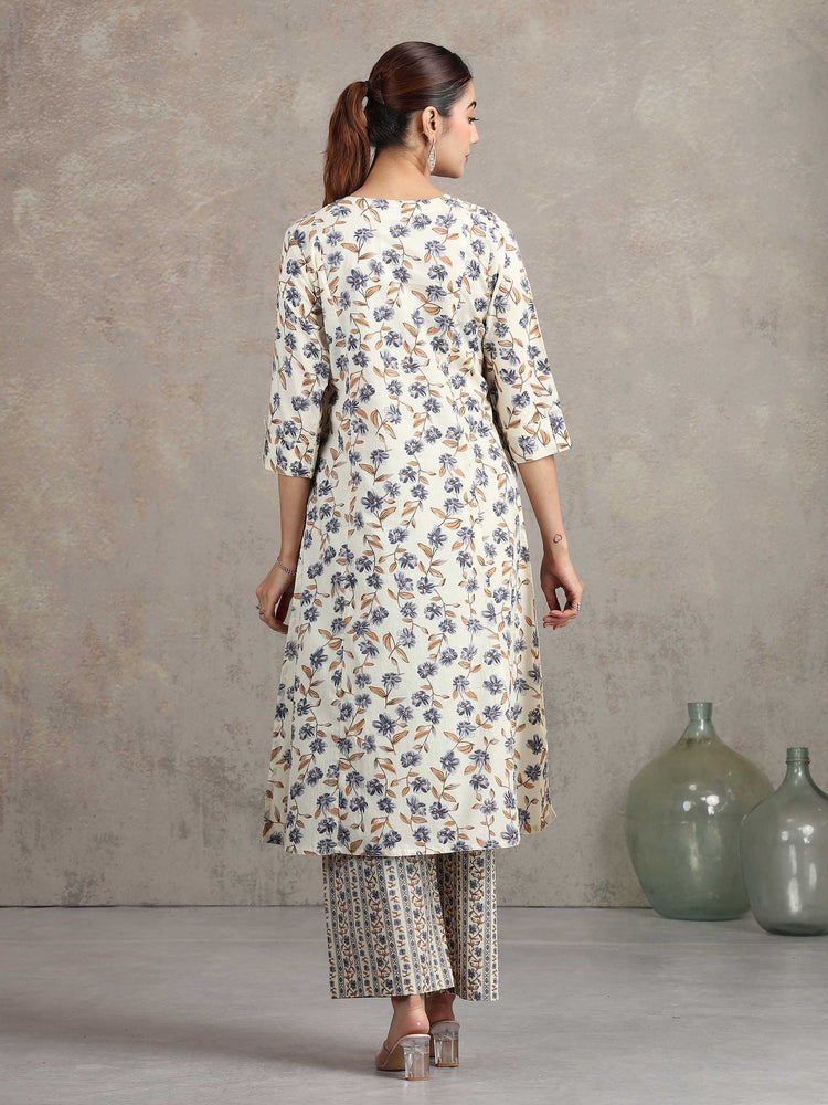 Off White Floral Embroidered Straight Ethnic Set