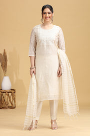 Off White Embroidered Straight Ethnic Set