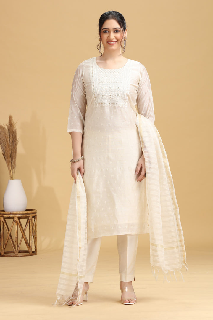 Off White Embroidered Straight Ethnic Set