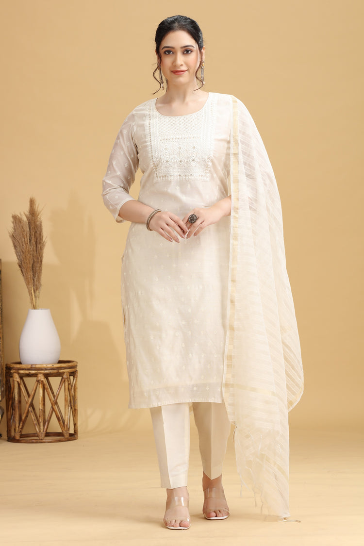 Off White Embroidered Straight Ethnic Set