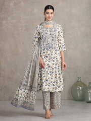 Off White Floral Embroidered Straight Ethnic Set