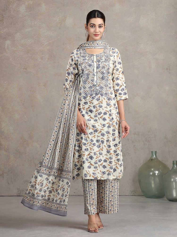 Off White Floral Embroidered Straight Ethnic Set