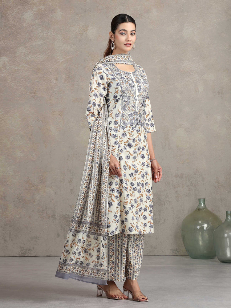 Off White Floral Embroidered Straight Ethnic Set
