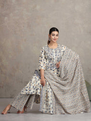 Off White Floral Embroidered Straight Ethnic Set