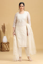 Off White Embroidered Straight Ethnic Set