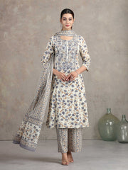 Off White Floral Embroidered Straight Ethnic Set
