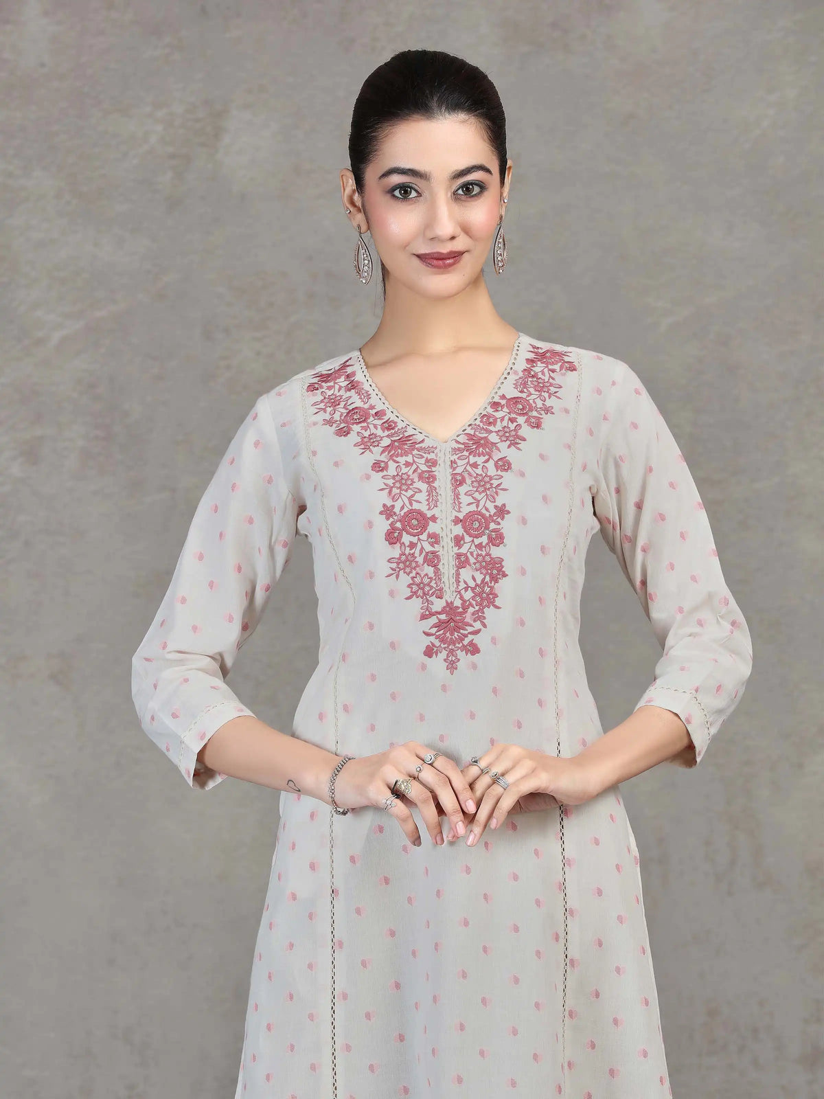 Off White Embroidered Cotton Straight Kurta