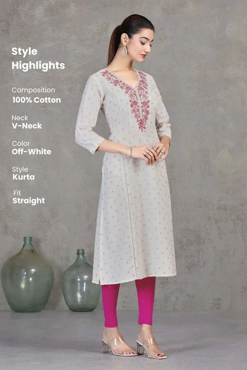 Off White Embroidered Cotton Straight Kurta