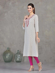 Off White Embroidered Cotton Straight Kurta