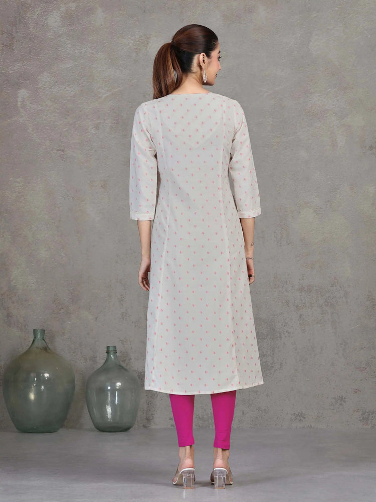 Off White Embroidered Cotton Straight Kurta