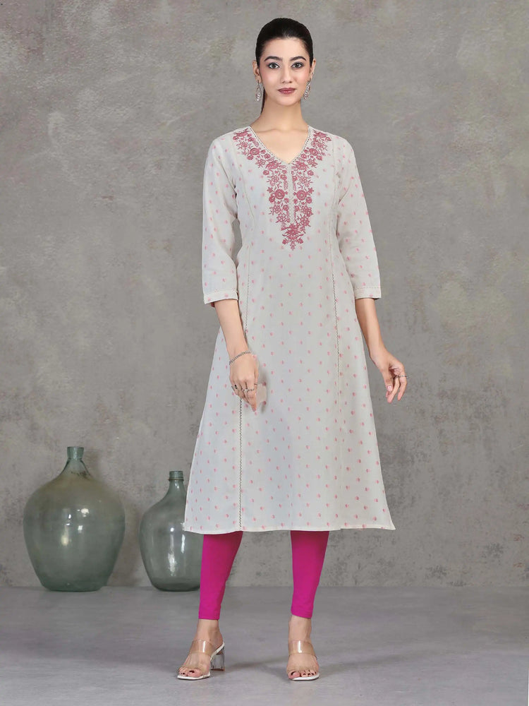 Off White Embroidered Cotton Straight Kurta