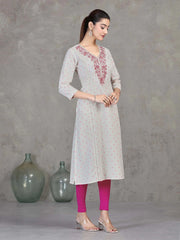 Off White Embroidered Cotton Straight Kurta