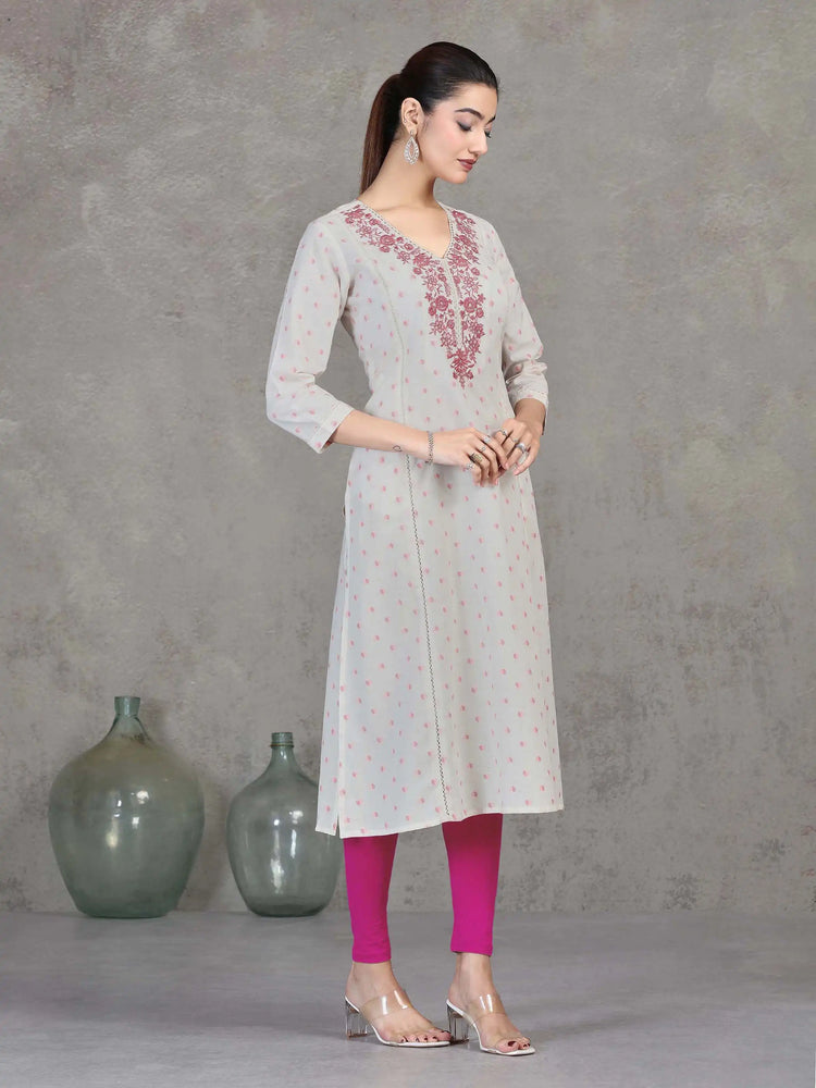Off White Embroidered Cotton Straight Kurta