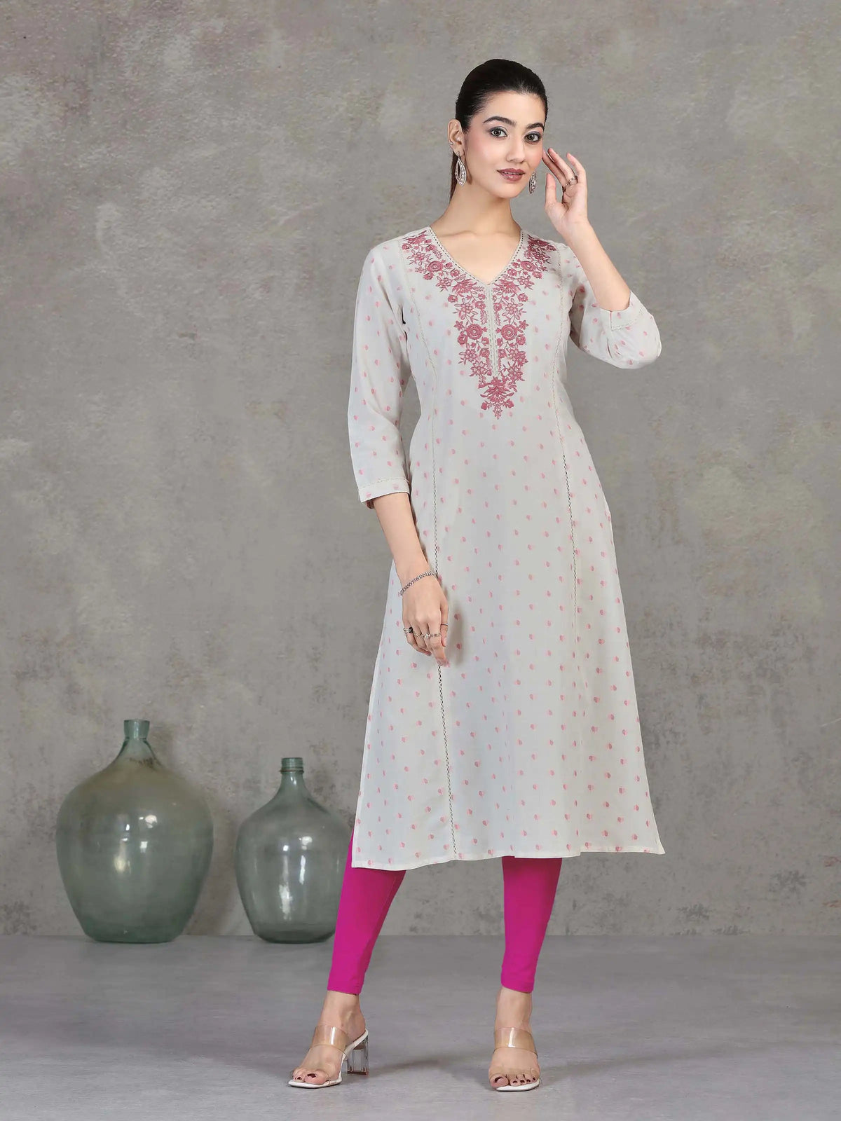 Off White Embroidered Cotton Straight Kurta