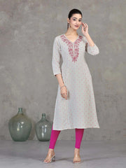 Off White Embroidered Cotton Straight Kurta
