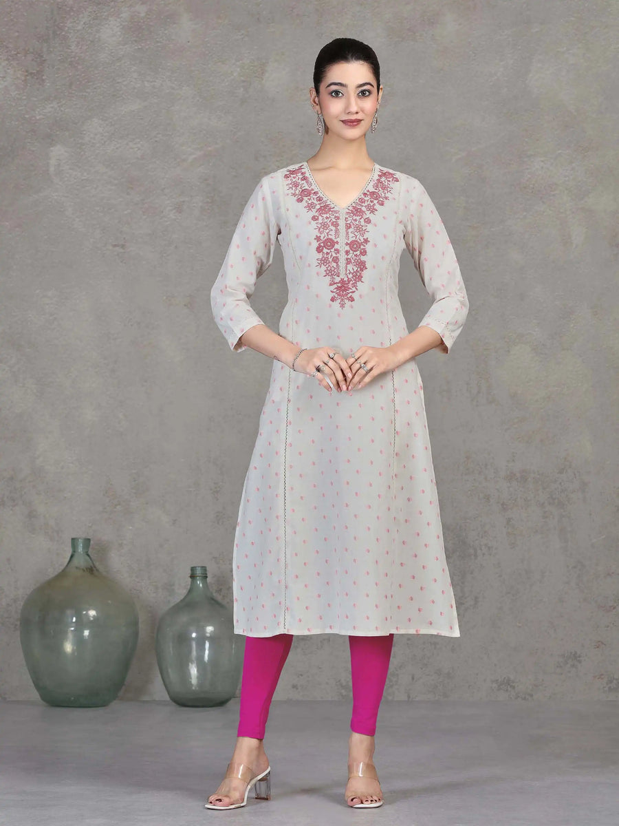 Off White Embroidered Cotton Straight Kurta