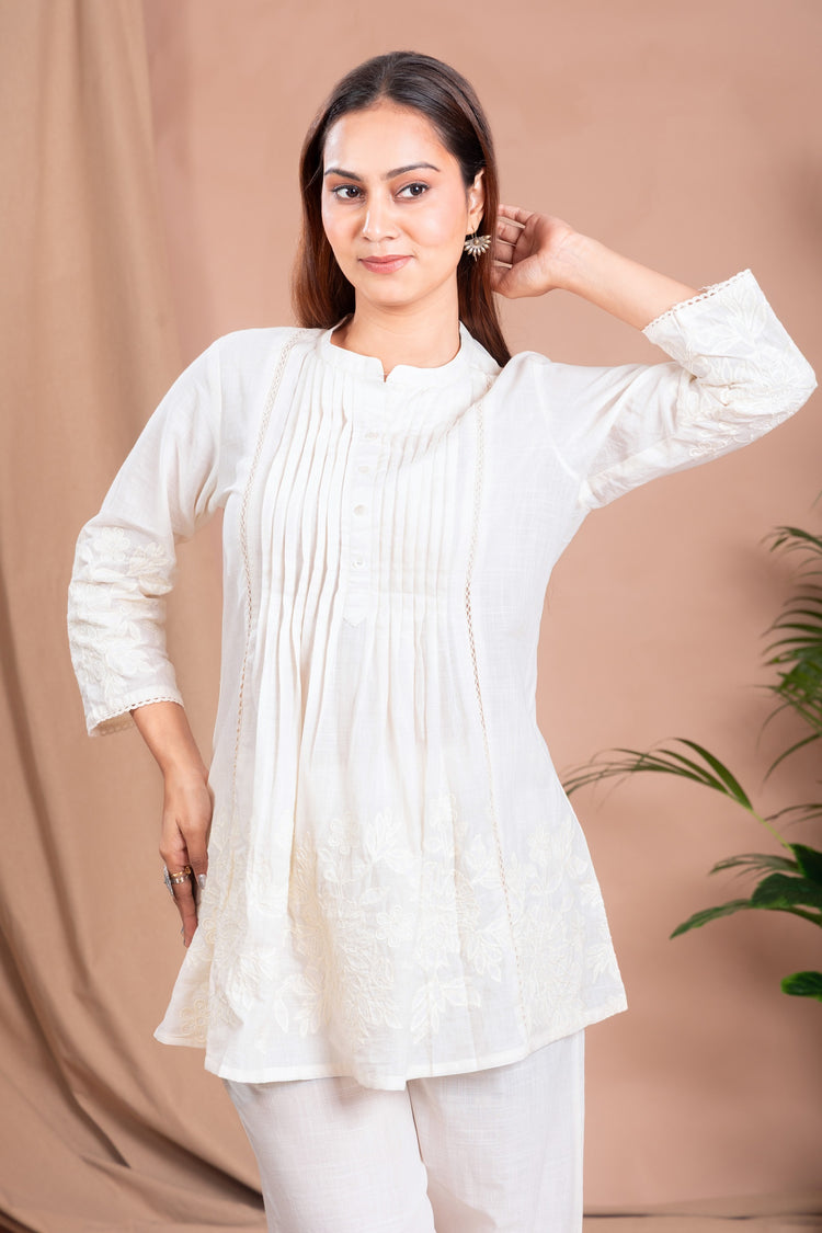 Off White Floral Embroidered A-Line Cotton Co-ord Set