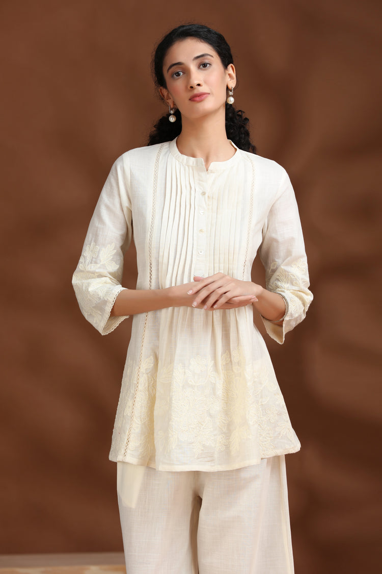 Off White Floral Embroidered A-Line Cotton Co-ord Set