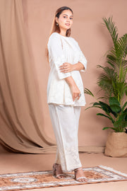 Off White Floral Embroidered A-Line Cotton Co-ord Set