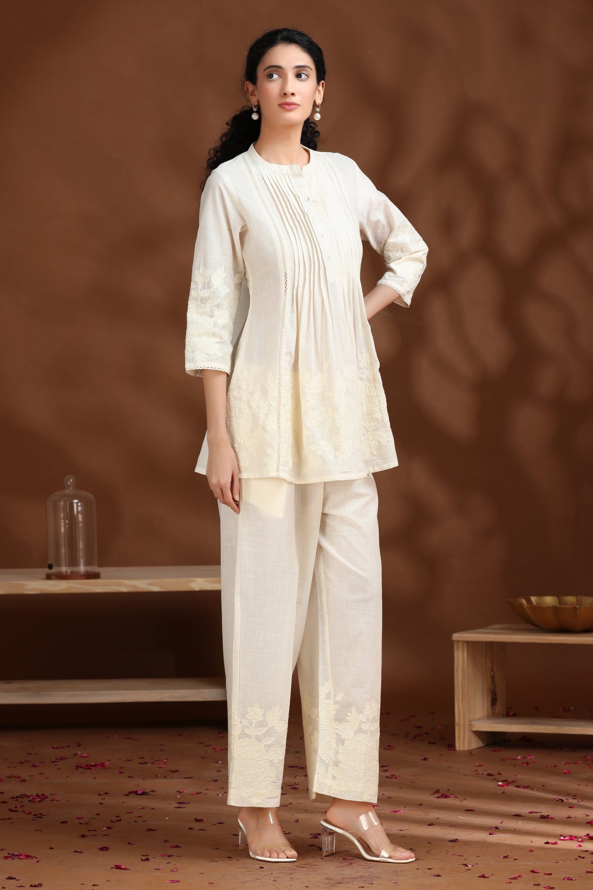 Off White Floral Embroidered A-Line Cotton Co-ord Set