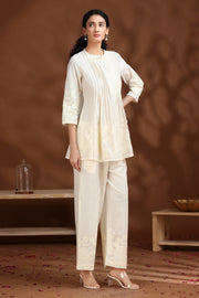 Off White Floral Embroidered A-Line Cotton Co-ord Set