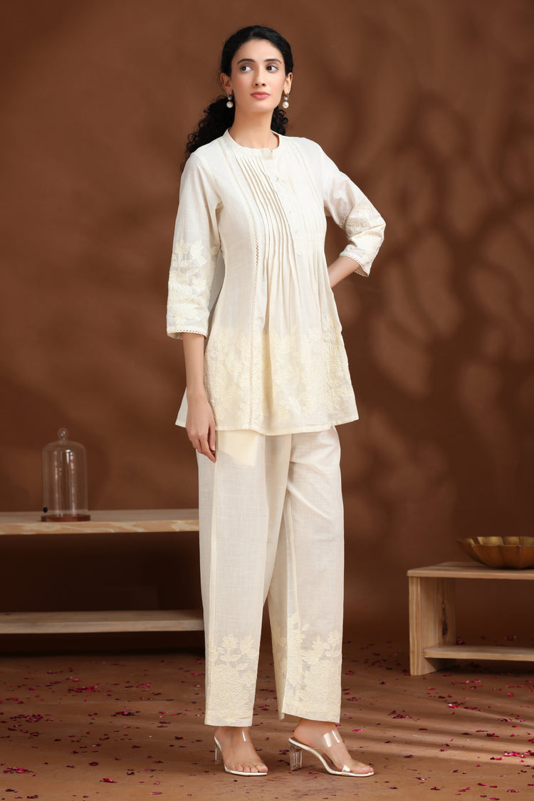 Off White Floral Embroidered A-Line Cotton Co-ord Set