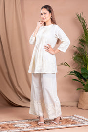 Off White Floral Embroidered A-Line Cotton Co-ord Set