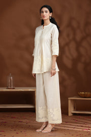 Off White Floral Embroidered A-Line Cotton Co-ord Set