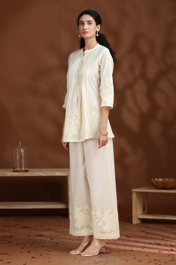 Off White Floral Embroidered A-Line Cotton Co-ord Set