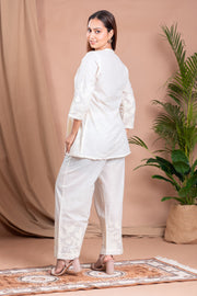 Off White Floral Embroidered A-Line Cotton Co-ord Set