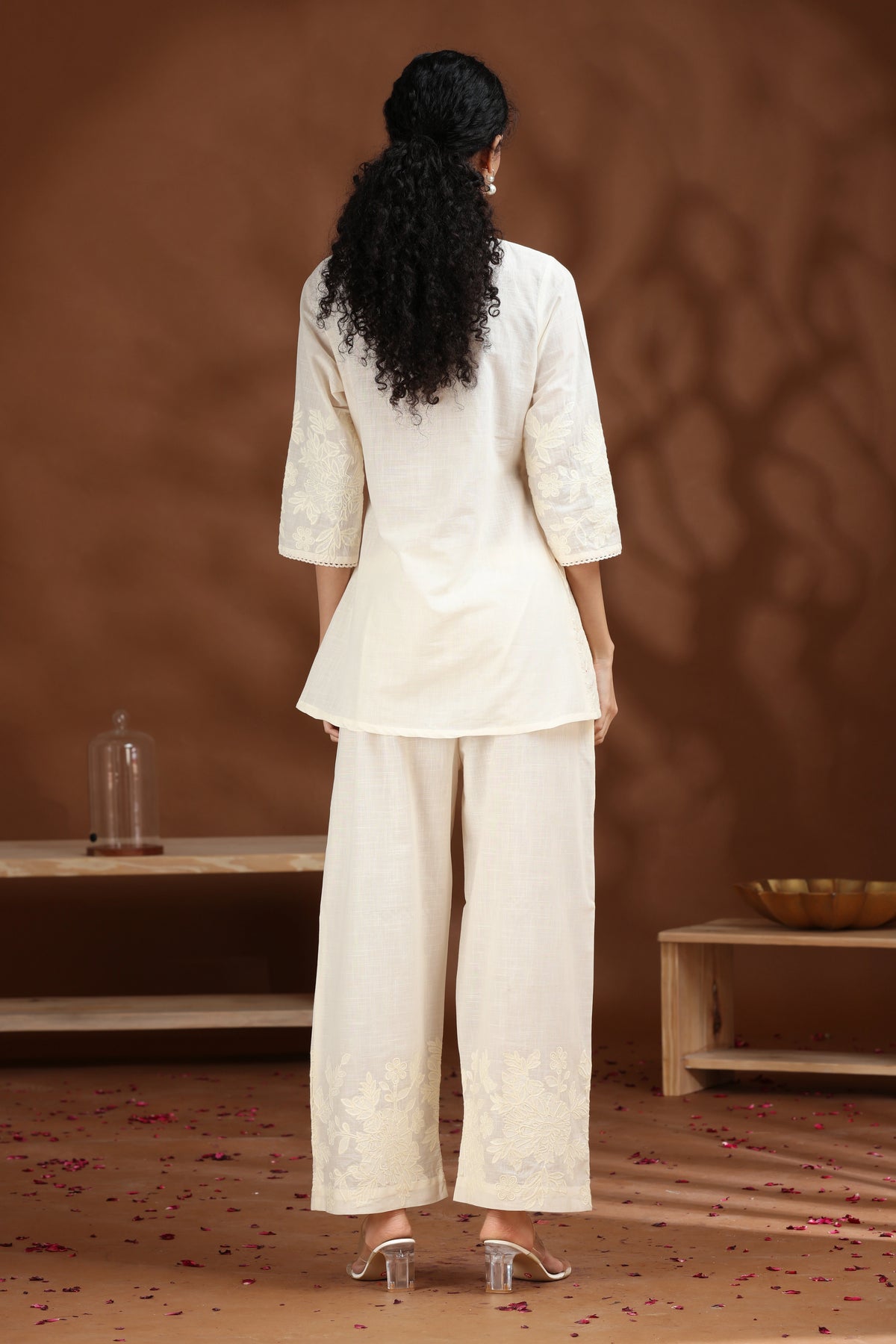 Off White Floral Embroidered A-Line Cotton Co-ord Set