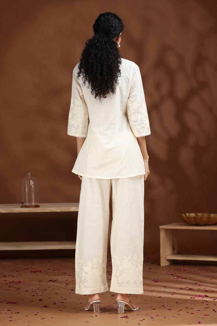 Off White Floral Embroidered A-Line Cotton Co-ord Set