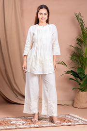 Off White Floral Embroidered A-Line Cotton Co-ord Set