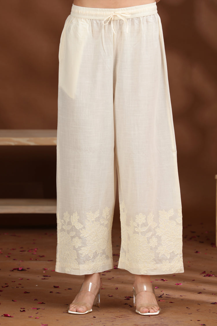 Off White Floral Embroidered A-Line Cotton Co-ord Set