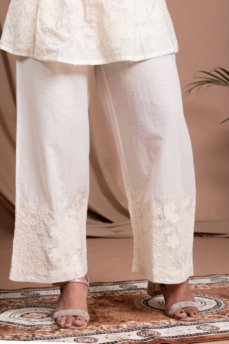 Off White Floral Embroidered A-Line Cotton Co-ord Set