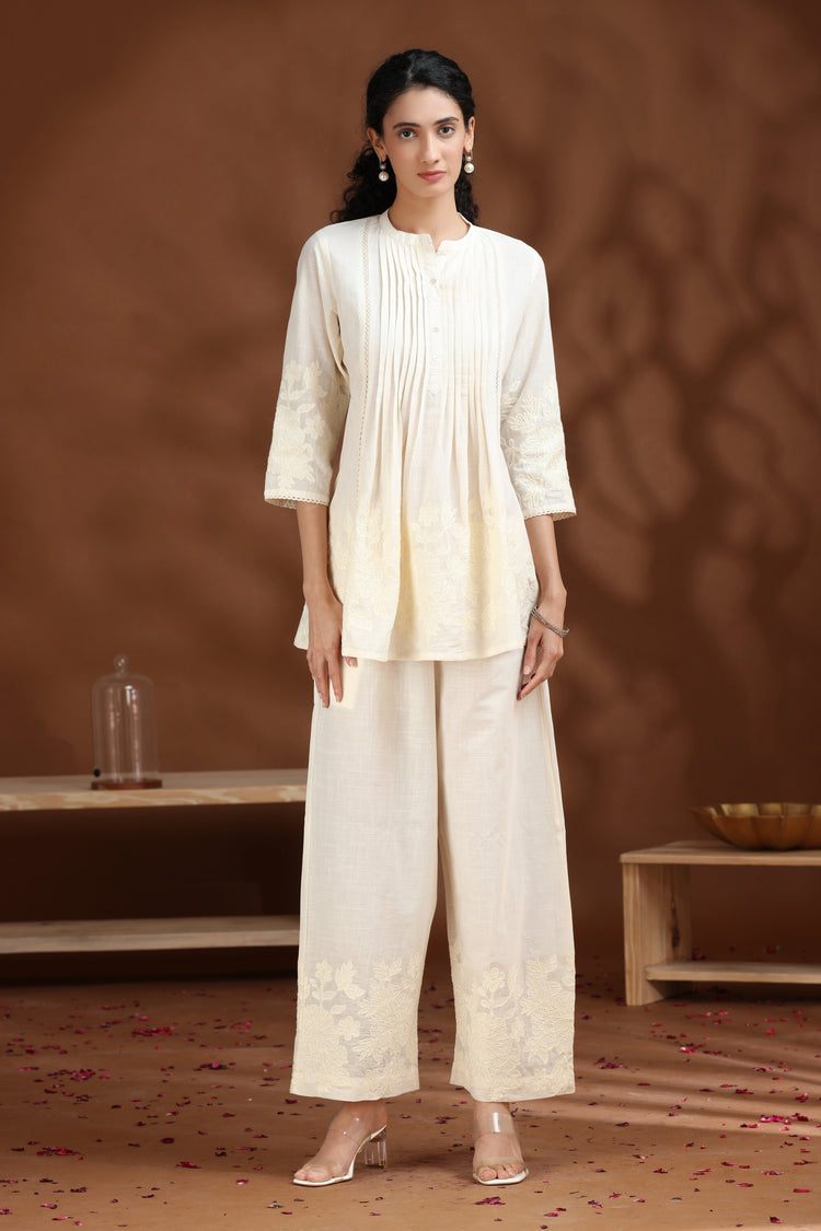 Off White Floral Embroidered A-Line Cotton Co-ord Set