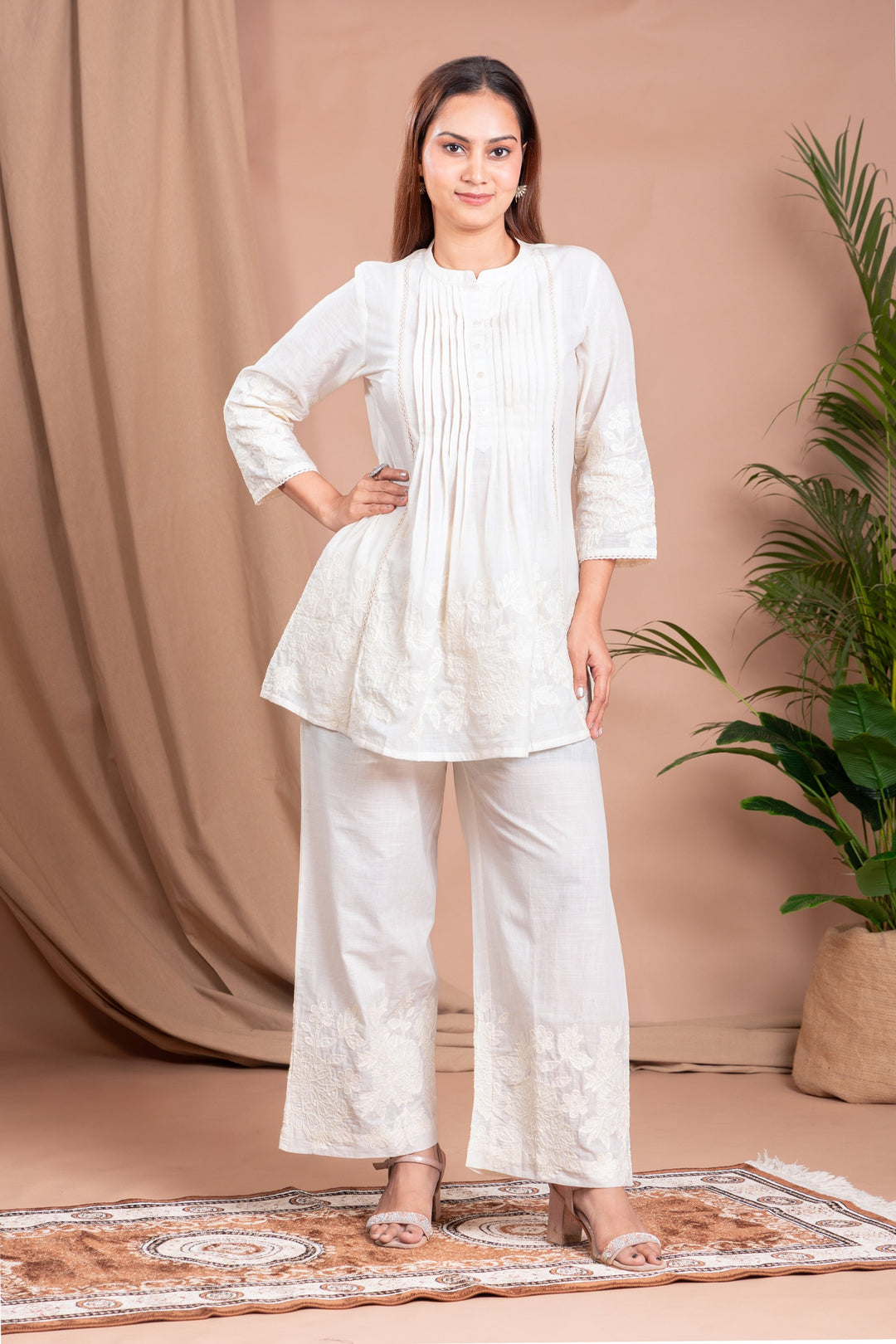 Off White Floral Embroidered A-Line Cotton Co-ord Set