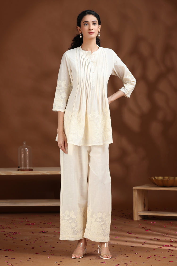 Off White Floral Embroidered A-Line Cotton Co-ord Set