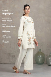 Off White Floral Embroidered Straight Co-ord Set