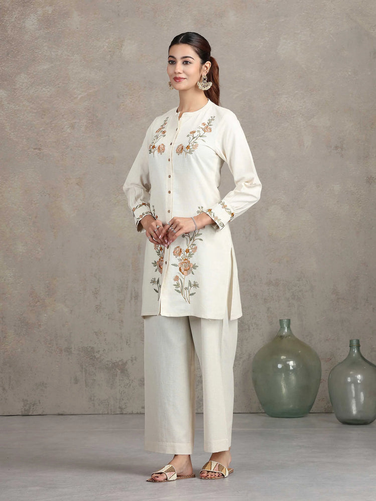 Off White Floral Embroidered Straight Co-ord Set