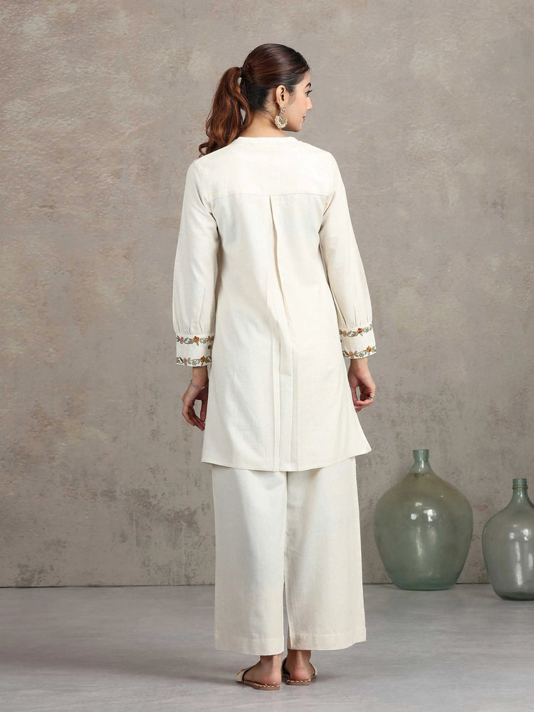 Off White Floral Embroidered Straight Co-ord Set