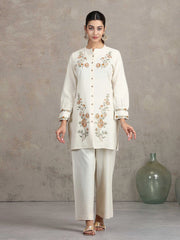 Off White Floral Embroidered Straight Co-ord Set