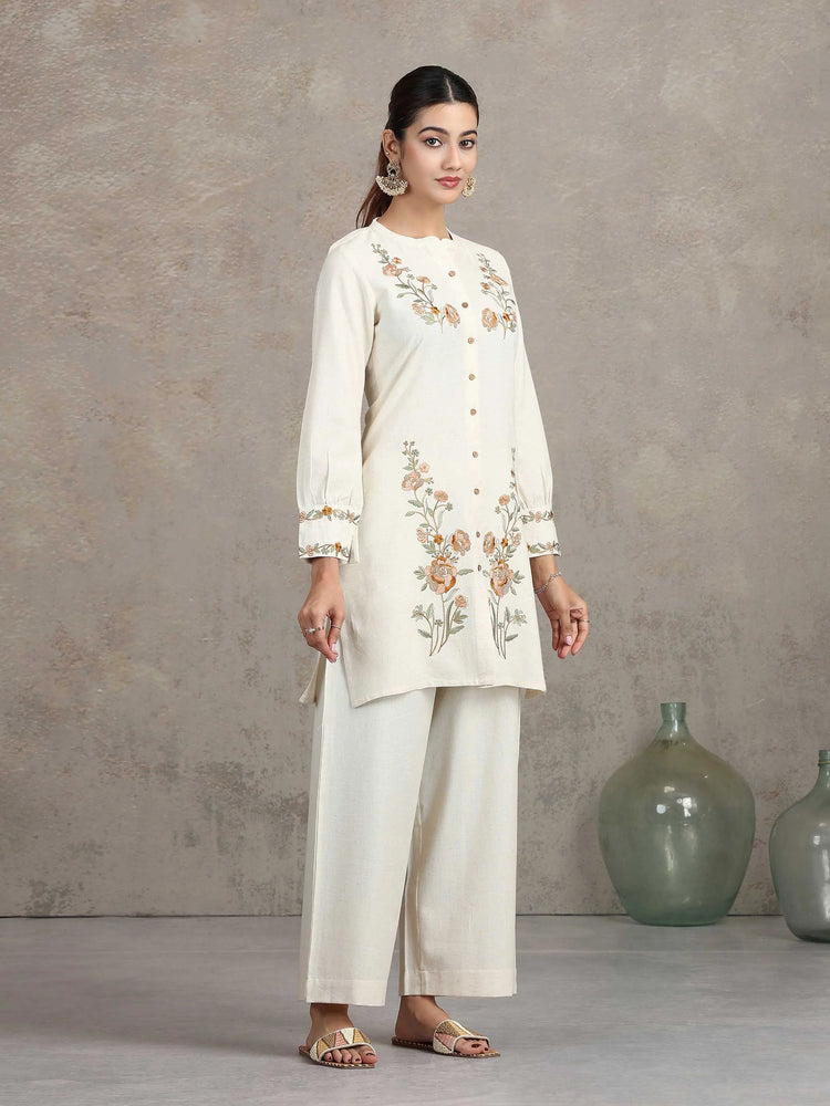 Off White Floral Embroidered Straight Co-ord Set
