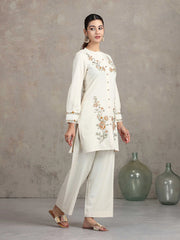 Off White Floral Embroidered Straight Co-ord Set