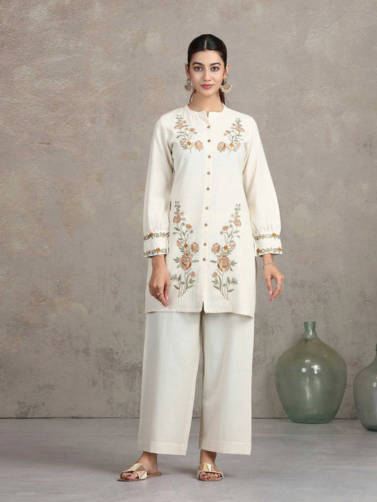Off White Floral Embroidered Straight Co-ord Set