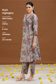 Off White Floral Printed A-Line Cotton Co-ord Set