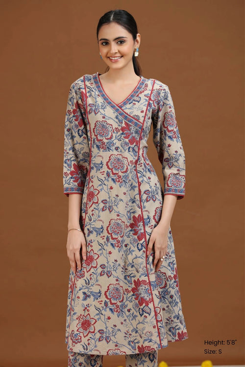 Off White Floral Printed A-Line Cotton Co-ord Set